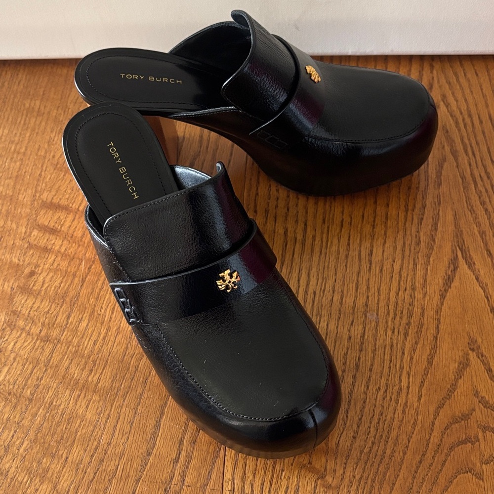 Tory Burch Black Leather Clogs with Gold Accent - Picture 2 of 5